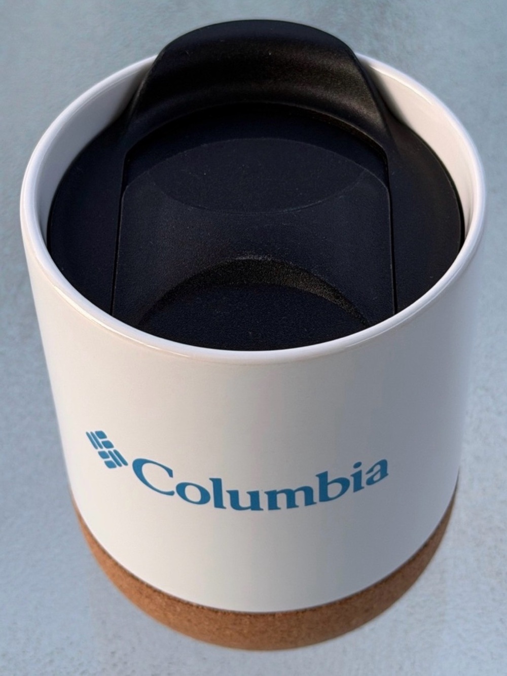 Columbia White Travel Mug with Black Lid and Cork Base
